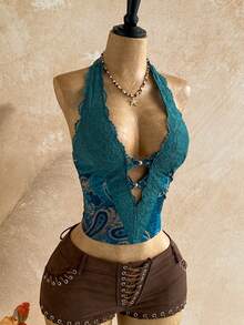 SHEIN WYWH Women's Vacation Beach Lace Patchwork Backless Halter Top - Multicolor - View 9