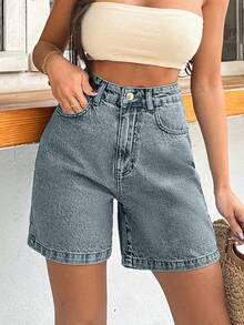 EURMUSE 100%Cotton Rigid Medium Wash Women Short - Dusty Blue - View 7