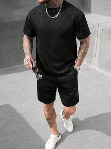 SLATEMANN 男士两件套T恤短裤套装，圆领设计，时尚男士夏季两件套服装，男士夏季服装，男士T恤套装，男士两件套搭配，男士两件套 - 黑色 - 查看 8