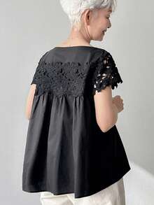 FRIFUL Blusa holgada y versátil de unicolor negro con parches y tela de encaje 3D plisada, para primavera/verano - Negro - Ver 1