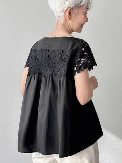 FRIFUL Women's Spring/Summer Solid Color Black Patchwork 3D Lace Fabric Pleated Loose Casual Versatile Blouse