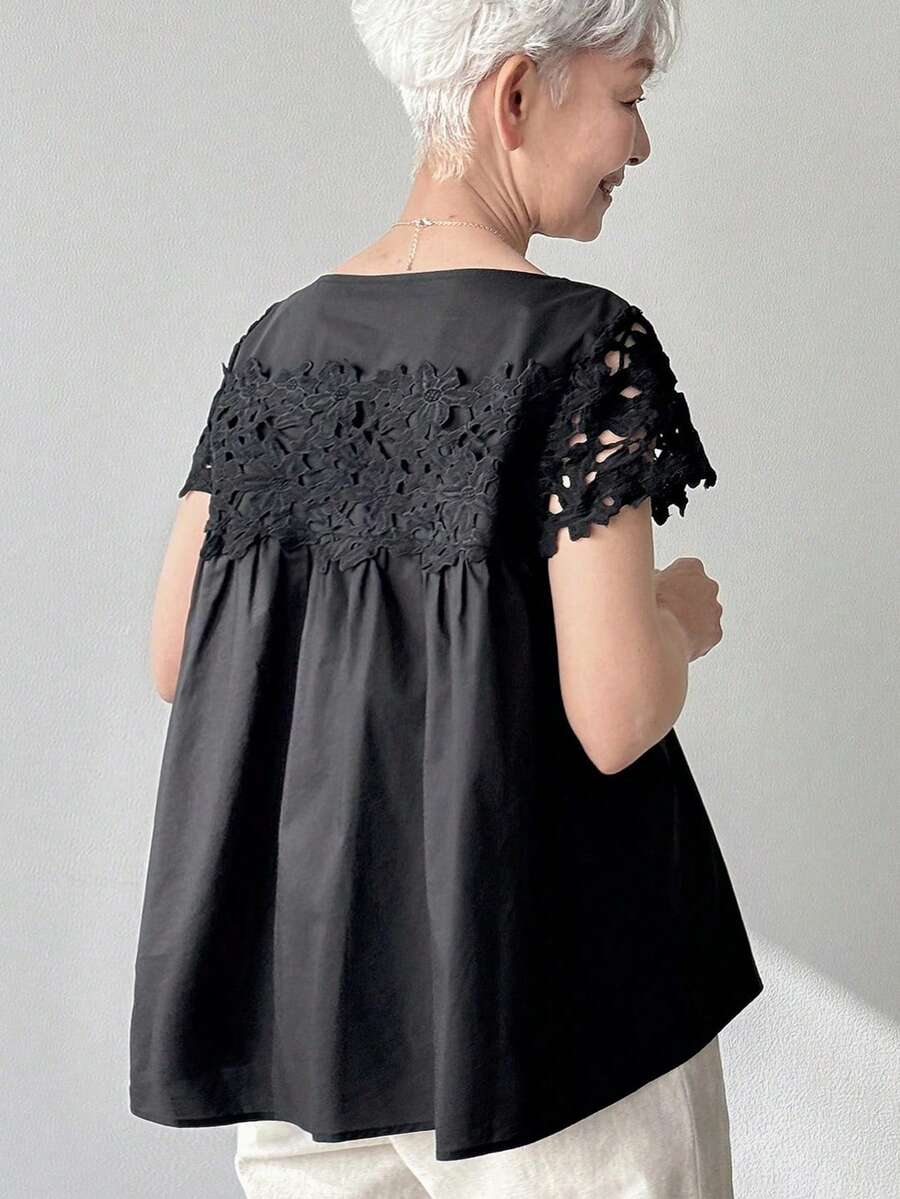 FRIFUL Blusa holgada y versátil de unicolor negro con parches y tela de encaje 3D plisada, para primavera/verano - Negro - Ver 1