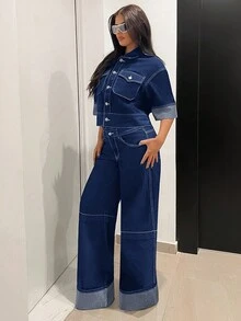 SHEIN Tall 女士休闲时尚街头风日常通勤翻盖口袋牛仔夹克，夏季 - 深色水洗藍 - 查看 5