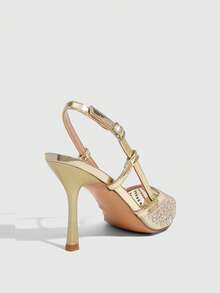 CUCCOO SZL Women's Pointed Toe High Heel Black Mesh Rhinestone Embellished Fashionable Sexy Glamorous Party Occasion Stilettos With Ankle Strap Spring Shoes - Golden iron plate - View 3