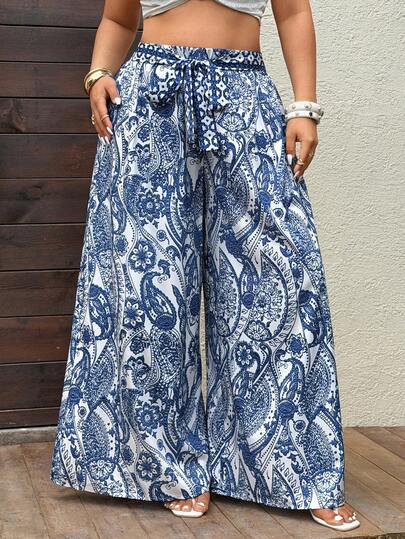 Sunnyshic Plus Size Women Casual Versatile Cashew Print Wide Leg Pants For Daily Wear