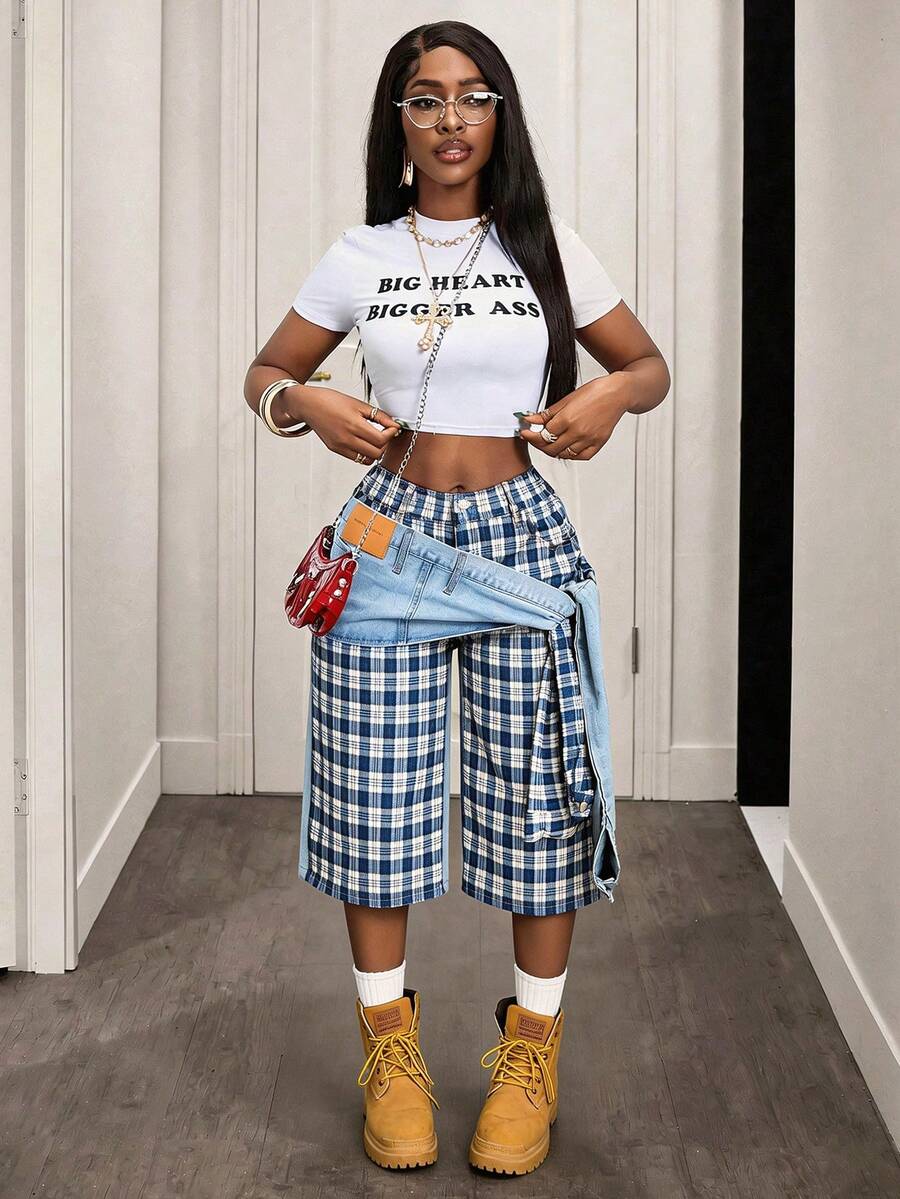 Slaydiva Quần jean denim dáng lửng 3/4, phối họa tiết kẻ caro, thời trang thường ngày cho nữ, phù hợp đi làm hàng ngày, kiểu dáng 2 trong 1. - Màu xanh lam - Xem 1