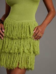 NYA SZN 女士纯色露背流苏优雅腰身针织派对连衣裙 - 綠色 - 查看 6