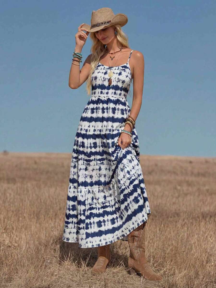 Wildy 波西米亚风休闲美式乡村西部扎染复古印花无袖可调节肩带连衣裙，适合日常穿着、度假、通勤和音乐节等场合。 - 藍白色 - 查看 1