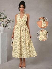 Momance Women's Romantic Printed Waist Tie Backless Camisole Dress, Suitable For Vacation And Maternity - Yellow - View 1