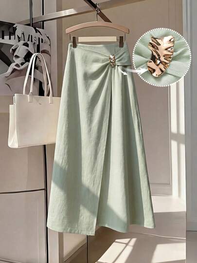 Franclia Women's Solid Color Gingham Textured Elegant French Style Skirt, Suitable For Work, Commute, Vacation, Romantic, High-End Beach Party, Afternoon Tea, Elastic Waist Asymmetric Design Slimming A-Line Skirt, Spring/Summer