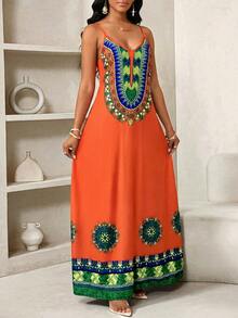 SHEIN Lady Women's Fashionable Black Printed Spaghetti Strap Dress, Summer - Multicolor - View 5