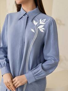 Veilorie Women's Front Button Long Sleeve Casual Elegant Shirt And Pants 2 Pieces Set - Blue - View 3