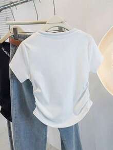 Resyla Women's Scarf Design Crew Neck Casual Pleated T-Shirt - White - View 2