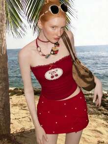 SHEIN MOD 红色串珠蝴蝶结短裤，适合派对、婚礼、郊游、可爱场合、约会、聚会、女士春夏装、春假、度假、野餐、节日、生日等场合。 - 紅色 - 查看 2