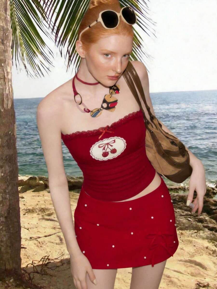 SHEIN MOD 红色串珠蝴蝶结短裤，适合派对、婚礼、郊游、可爱场合、约会、聚会、女士春夏装、春假、度假、野餐、节日、生日等场合。 - 紅色 - 查看 1