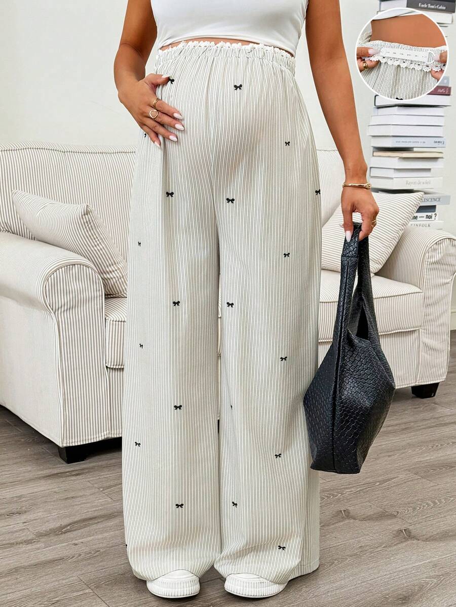 SHEIN 孕妇休闲/通勤蝴蝶结条纹印花裤 - 彩色 - 查看 1