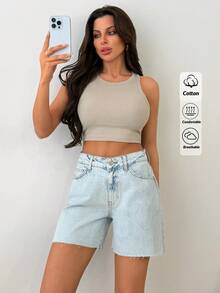 Daily Casual Mid Rise Baby Blue Denim Woman's Short Zipper Front - Light Wash - View 2