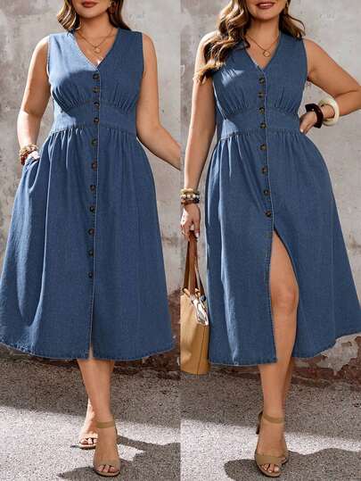 EMERY ROSE Plus Size Solid Color Casual Sleeveless Denim Dress