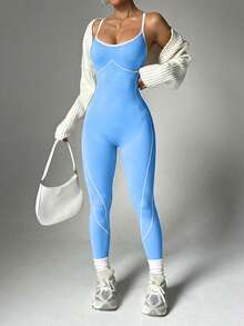 Dewbera Backless Halter Neck Fitted Jumpsuit - Blue - View 6