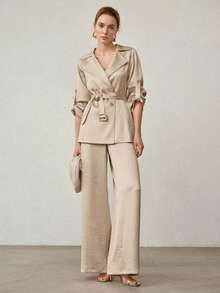 MOTF PREMIUM ELEGANT MINIMALIST SATIN WINDBREAKER BELTED COAT, SPRING/SUMMER - Khaki - View 1