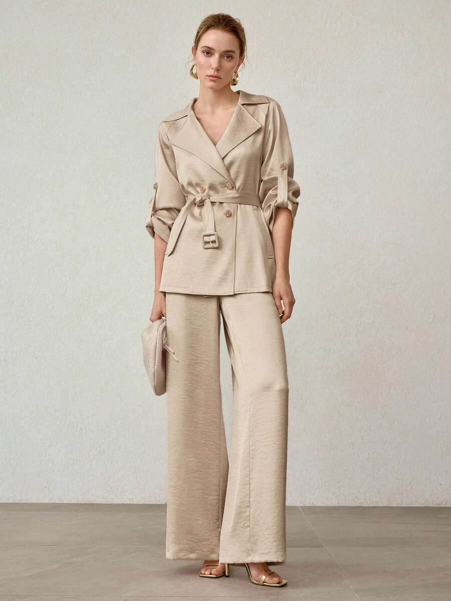 MOTF PREMIUM ELEGANT MINIMALIST SATIN WINDBREAKER BELTED COAT, SPRING/SUMMER - Khaki - View 1