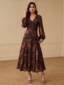 ZEYLAH V-Neck Ruched Waist Fitted Flared Hem Cutout Floral Dress, Autumn/Winter - Coffee Brown - View 5