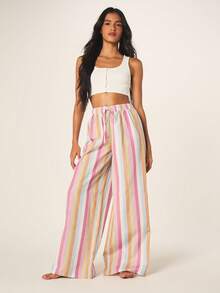 MISSGUIDED 女士罗纹文胸搭配粉彩条纹阔腿亚麻质感睡衣套装，家居两件套，夏季舒适睡衣。 - 彩色 - 查看 1