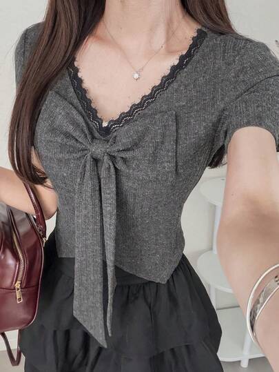 FRIFUL Women's V-Neck Lace Splice Contrast Color Chest Tie Decor Fitted Sweet Short Sleeve T-Shirt, Summer