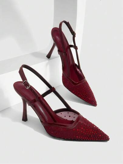 CUCCOO SZL Tacones altos de punta fina para mujer, con malla negra, adornados con rhinestones, de estilo glamoroso y sexy para fiestas y ocasiones especiales, con correa para el tobillo