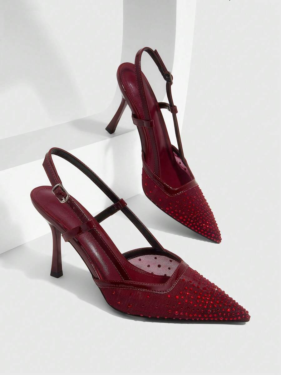 CUCCOO SZL Tacones altos de punta fina para mujer, con malla negra, adornados con rhinestones, de estilo glamoroso y sexy para fiestas y ocasiones especiales, con correa para el tobillo - Borgoña 1 - Ver 1