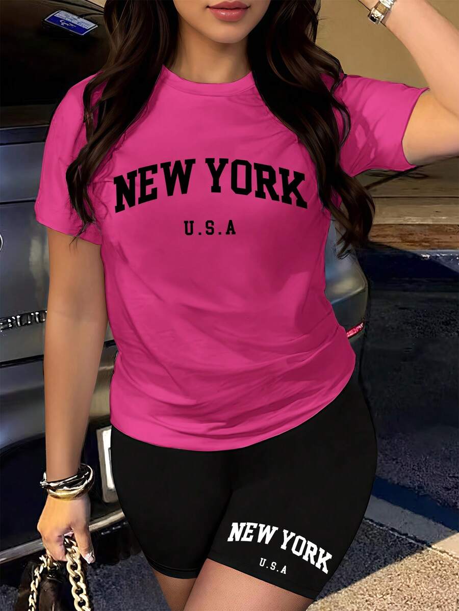 Rovax Women's Contrast Color Print Crew Neck Short Sleeve 2 Pieces Set - Hot Pink - View 1