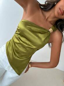 Aloruh Áo kiểu nữ màu trơn, cổ lệch, xếp ly, không tay, thanh lịch. - Màu Mù tạt vàng - Xem 9