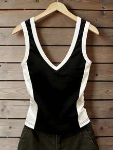 SHEIN Débardeur décontracté femme à col V profond contrasté, top élégant et confortable à col V, convient pour un port quotidien - Multicolore - Voir 4