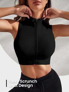 Easithlete Top corto de deportes con cierre tipo cremallera, camiseta ajustada para hacer ejercicio - Negro - Ver 6