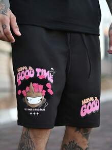 Devon Thys Men's Slogan Cartoon Character Printed Drawstring Waist Casual Shorts, Football Style - Black - View 3