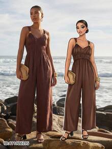 Gownix Women's Brown And Gold Summer Casual Vacation Holiday Jumpsuit,V-Neck Spaghetti Strap Sleeveless Wood Button Wide Leg Boho Romper,Ruched Playsuits - Brown - View 9