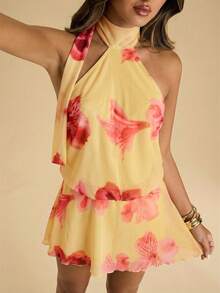 SHEIN BAE Đầm ngắn cổ yếm, viền bèo nhún in hoa dành cho nữ, kiểu dáng đi nghỉ mát. - Hồng - Xem 5
