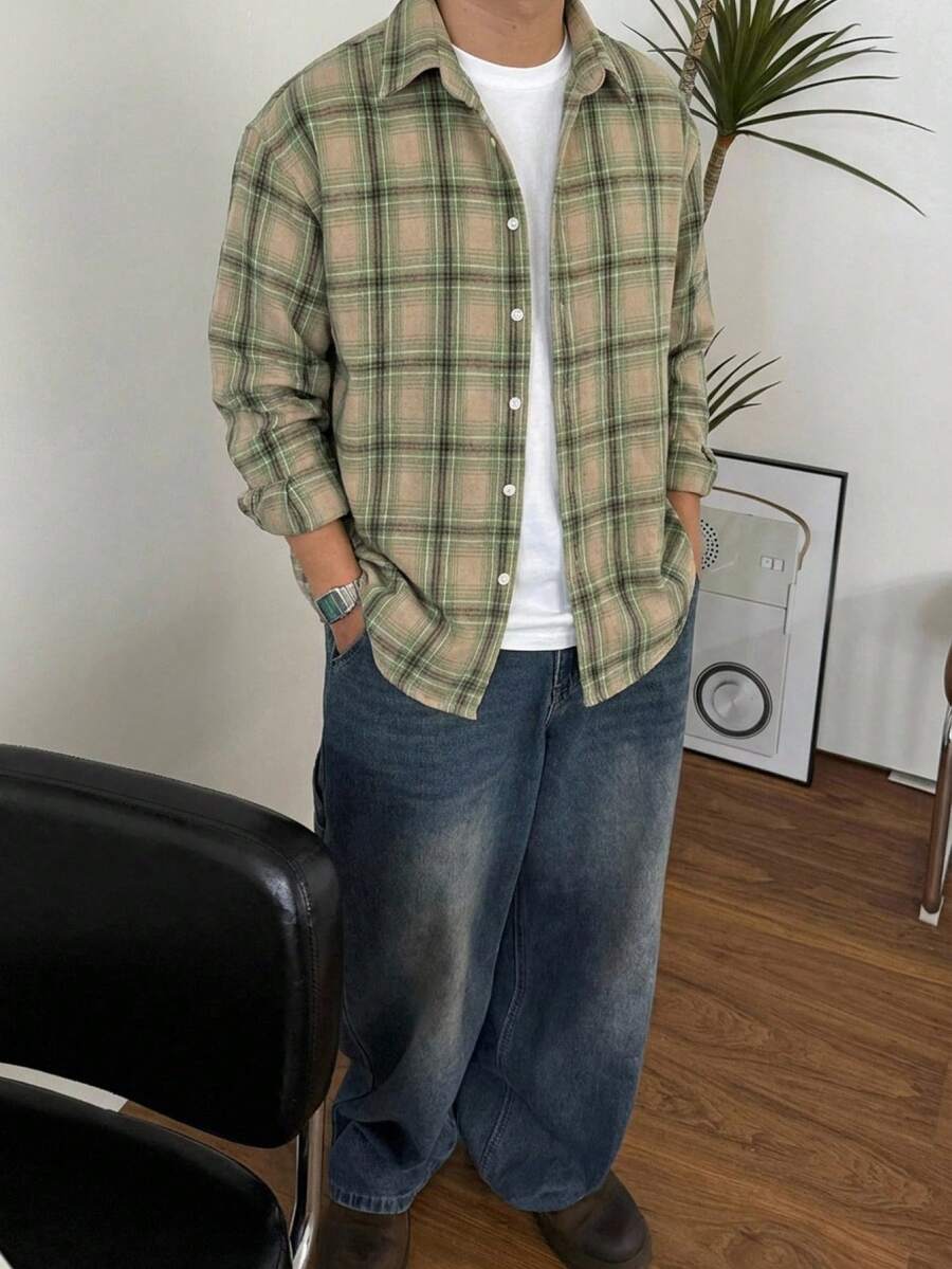 DAZY 男士格子多色宽松休闲衬衫，适合春秋夏季穿着 - 綠色 - 查看 1