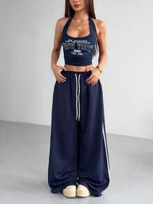 Lyxana Navy Blue Summer Streetwear City Break Women's Knitted Halter Crop Top With Letter Print & Side Stripe Sweatpants Royal Blue Two Piece Set,Casual - Royal Blue - View 3