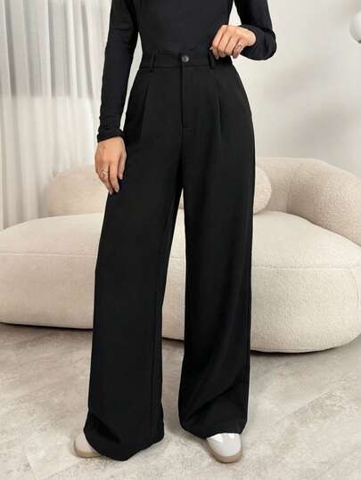 SHEIN Tall Pantalones plegados elegantes con bolsillos para maestras, pantalones grises de otoño/invierno de talle alto, pantalones anchos, pantalones sueltos, pantalones holgados, pantalones grises para negocios y profesionales, pantalones anchos para mujer, ropa de mujer para otoño e invierno, ropa de salida para mujer