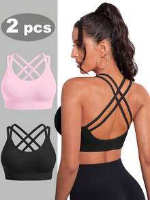 SHEIN Velisys 2pcs/Set Seamless High Stretch Sports Bra, Plus Size Yoga Bra, Fashionable Racerback In Black & Pink - Multicolor - View 1