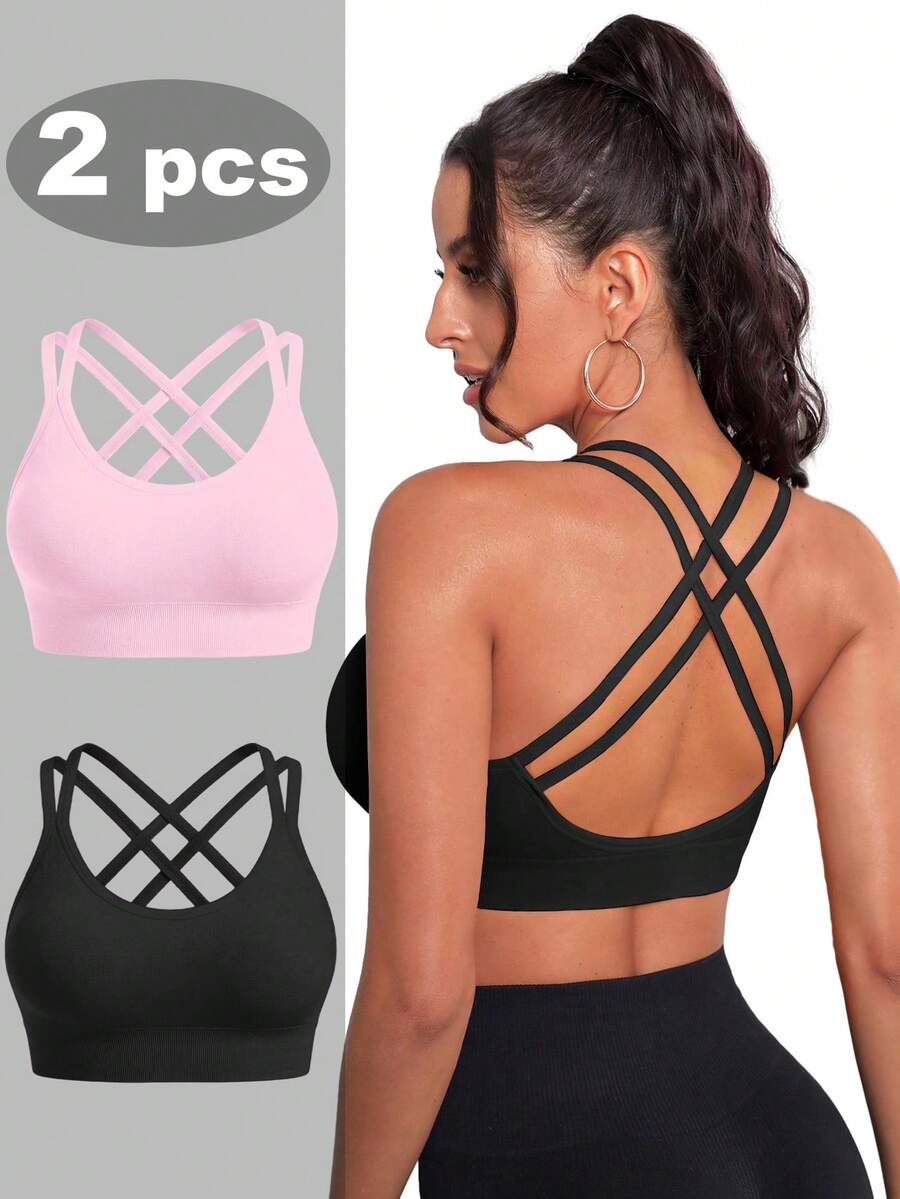 SHEIN Velisys 2pcs/Set Seamless High Stretch Sports Bra, Plus Size Yoga Bra, Fashionable Racerback In Black & Pink - Multicolor - View 1