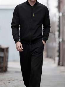 EGENSIO Men's Casual Zip-Up Baseball Jacket And Drawstring Waist Long Pants Set, Fashionable Daily Commute, Spring/Autumn - Black - View 1