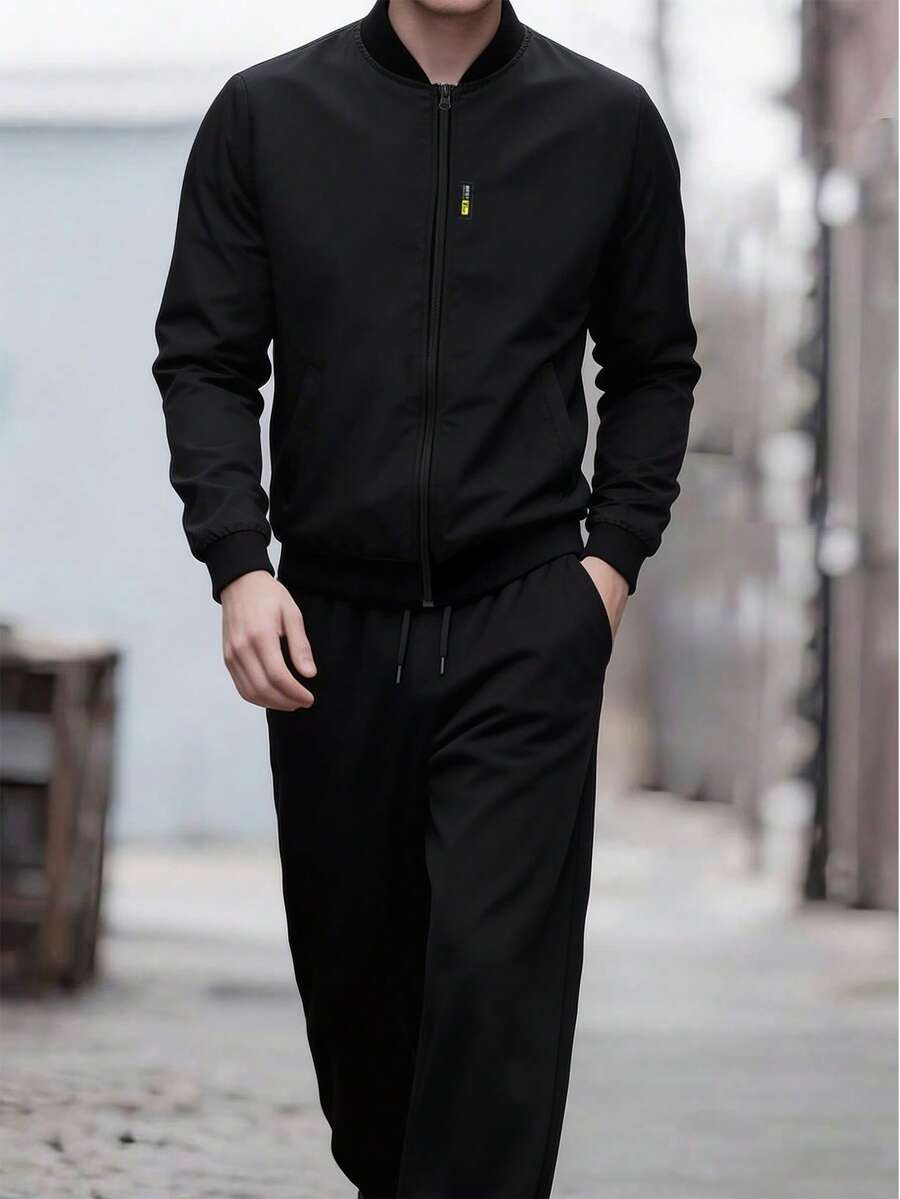 EGENSIO Men's Casual Zip-Up Baseball Jacket And Drawstring Waist Long Pants Set, Fashionable Daily Commute, Spring/Autumn - Black - View 1