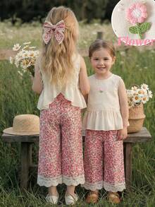 Emery Rose Kids Emery Rose Kids 两件套女童无袖纯色圆领休闲上衣和长裤套装 - 粉色 - 查看 2