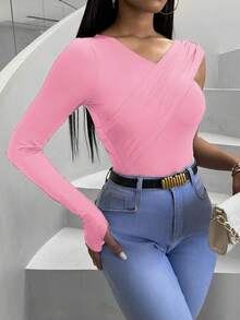 VaVaBold Vestido de manga larga ajustado y sexy con cuello en V y drapeado en unicolor para mujer - Rosa - Ver 6