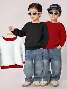 SHEIN 2pcs Young Boys Autumn Family Matching Thermal Lined Thick Warm Long Sleeve Pullover Sweatshirts Set,Casual Loose Fit Comfortable Tops For School - Burgundy - View 2