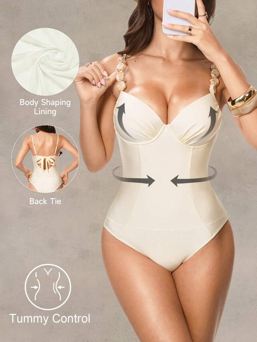 Shapewave Women's Solid Color Spaghetti Strap Ruched One-Piece Swimsuit - Beige - View 1