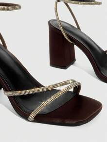 CUCCOO SZL Damen Mode Hochhackige Sandalen, die im Frühling und Sommer getragen werden können, Diamant-Streifen-Schnalle, Sexy Serie mit dickem Absatz, kaffeebraun, geeignet für verschiedene Festivals - Kaffeebraun - Übersicht 5