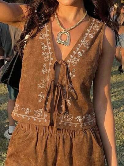 SHEIN EZwear Suede Embroidered Sleeveless Tank Top For Women, Khaki